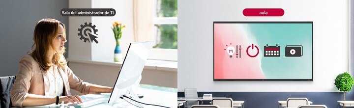 El administrador de TI puede controlar remotamente los dispositivos del aula, como las funciones de encendido/apagado, programación y ajuste del brillo de la pantalla.