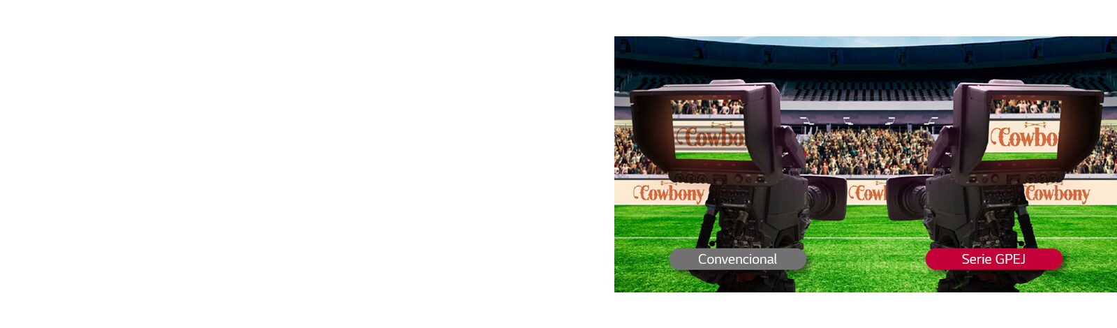 La pantalla LED instalada en el campo del estadio está siendo filmada con cámara. Aunque el contenido es idéntico, la pantalla convencional muestra barras negras mientras que la serie GPEJ es claramente visible al igual que la pantalla original.