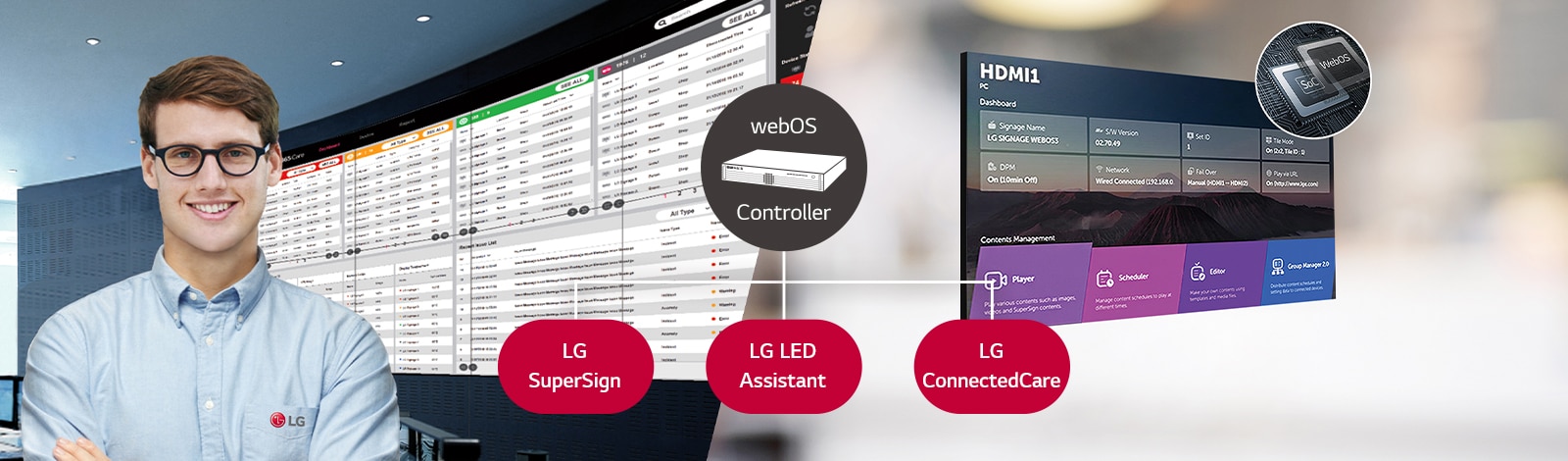 """El empleado de LG está monitoreando de forma remota la serie GPEJ instalada en un lugar diferente mediante el uso de una solución de monitoreo de LG basada en la nube. El controlador del sistema con webOS permite que la serie GPEJ sea compatible con las soluciones de software de LG""."
