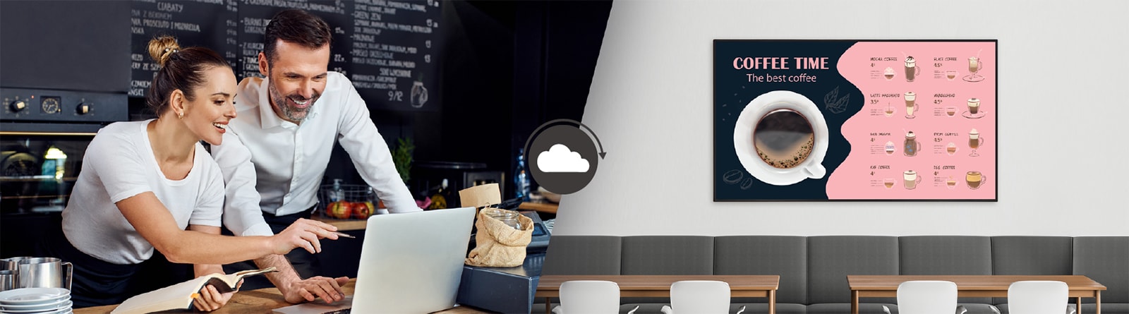 Los administradores de cafeterías están creando menús que se mostrarán en la pantalla instalada en la pared de la cafetería utilizando un software de gestión de contenidos.