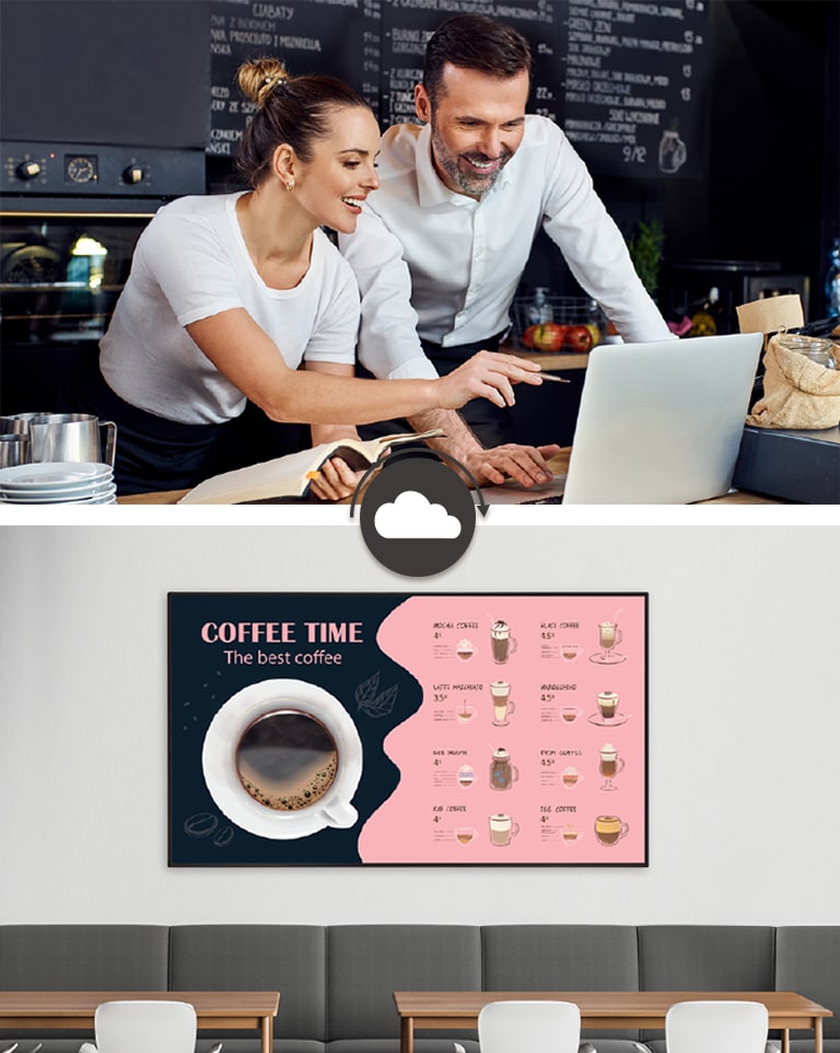 Los administradores de cafeterías están creando menús que se mostrarán en la pantalla instalada en la pared de la cafetería utilizando un software de gestión de contenidos.