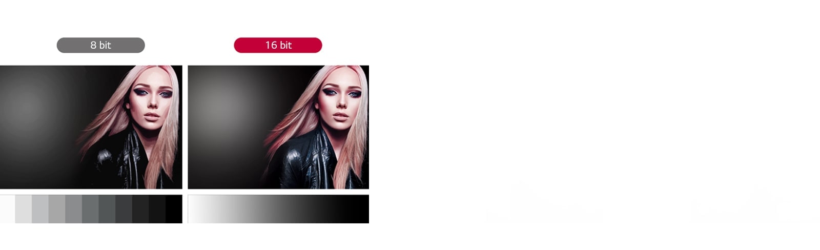 La escala de grises de la pantalla de 8 bits no es suave y el color se expresa de forma poco natural porque los pasos se distinguen, mientras que la pantalla de 16 bits expresa el color suavemente con un nivel de escala de grises más alto.