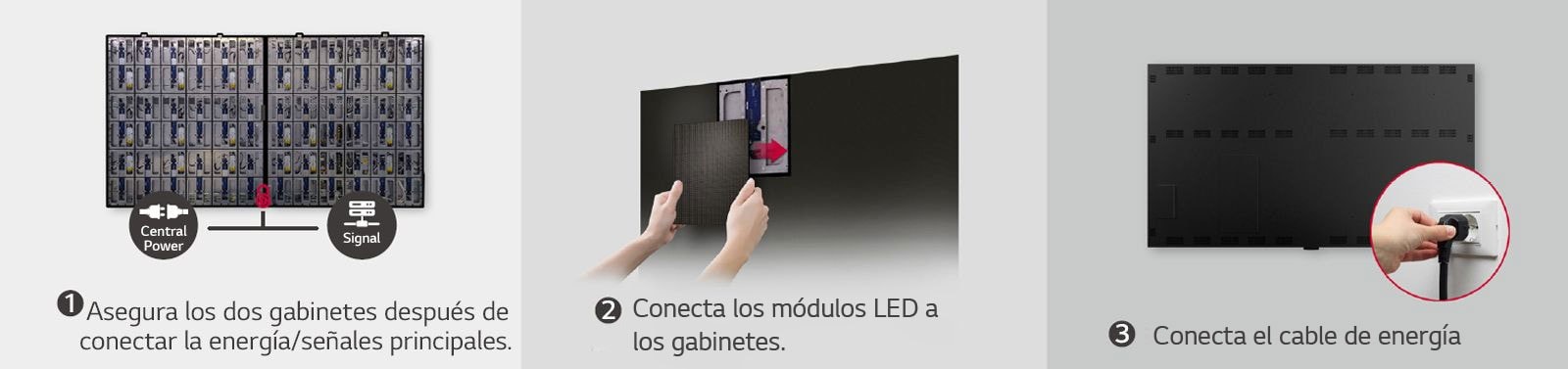 Consta de un total de imágenes de 3 pasos para fijar dos gabinetes, colocar los módulos LED y conectar el cable de alimentación.