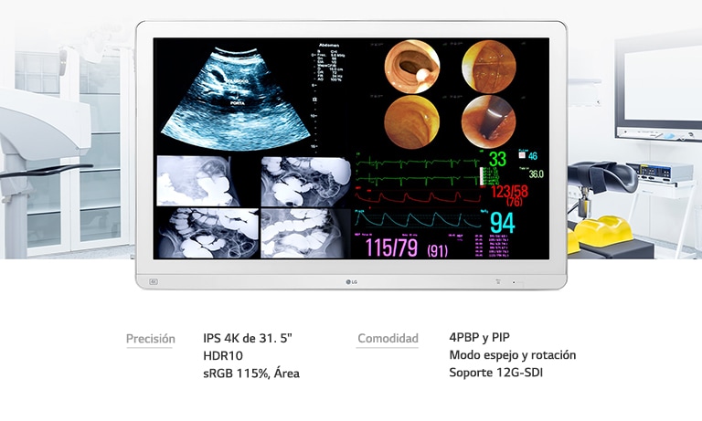 Precisión:  IPS 4K de 31. 5"/HDR10/sRGB 115%, Área, Comodidad:  4PBP y PIP/Modo espejo y rotación/Soporte 12G-SDI