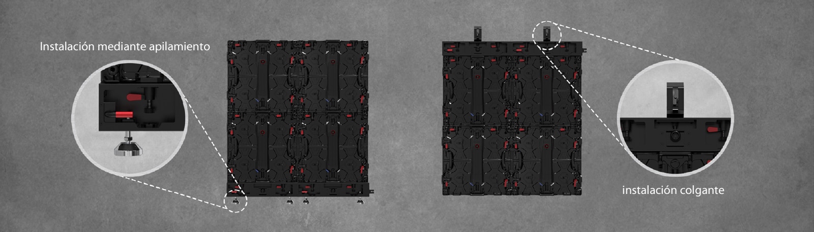 Se amplía y muestra la parte donde se puede instalar el armario ya sea mediante apilamiento o de forma colgante.