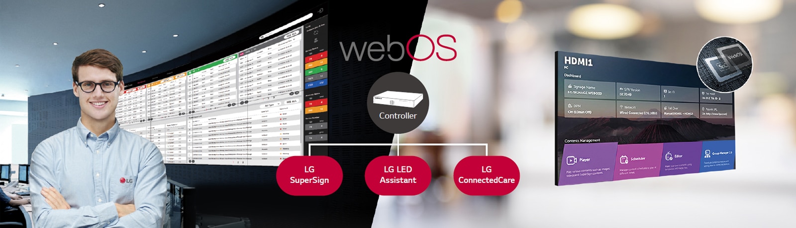 El empleado de LG supervisa a distancia la serie LBAE instalada en un lugar diferente mediante una solución de monitoreo de LG basada en la nube. El controlador del sistema con webOS permite que la serie LBAE sea compatible con las soluciones de software de LG.