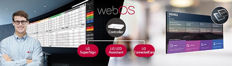 El empleado de LG supervisa a distancia la serie LBAE instalada en un lugar diferente mediante una solución de monitoreo de LG basada en la nube. El controlador del sistema con webOS permite que la serie LBAE sea compatible con las soluciones de software de LG.