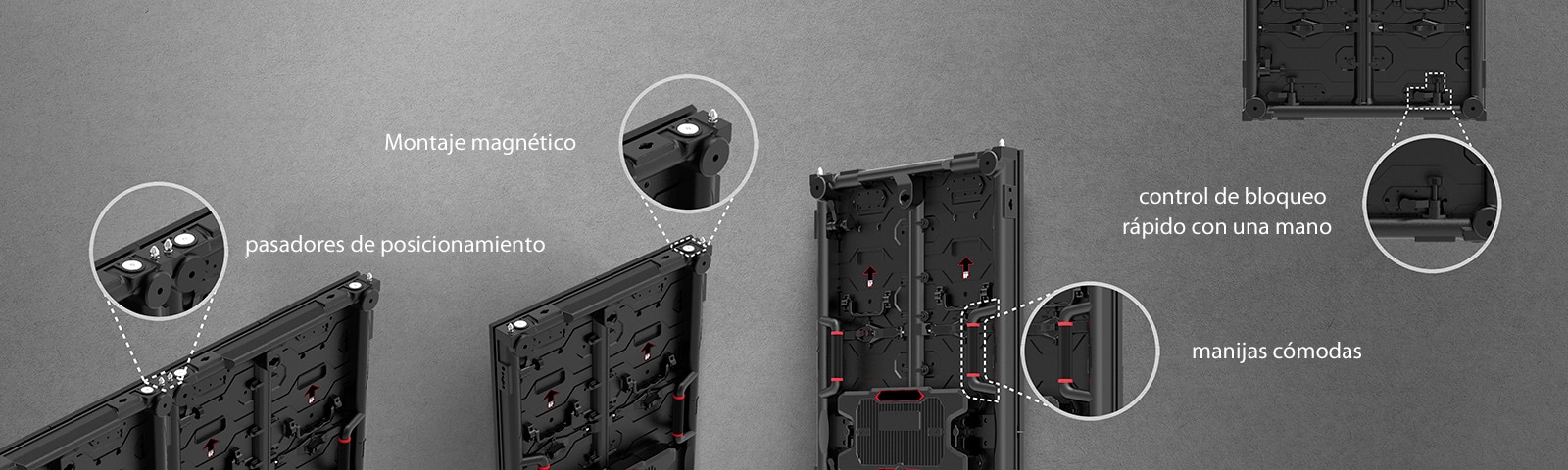 Las partes 'pasadores de posicionamiento', 'ensamblaje magnético', 'manijas cómodas', 'bloqueo rápido y control con una mano' en el gabinete están ampliadas.