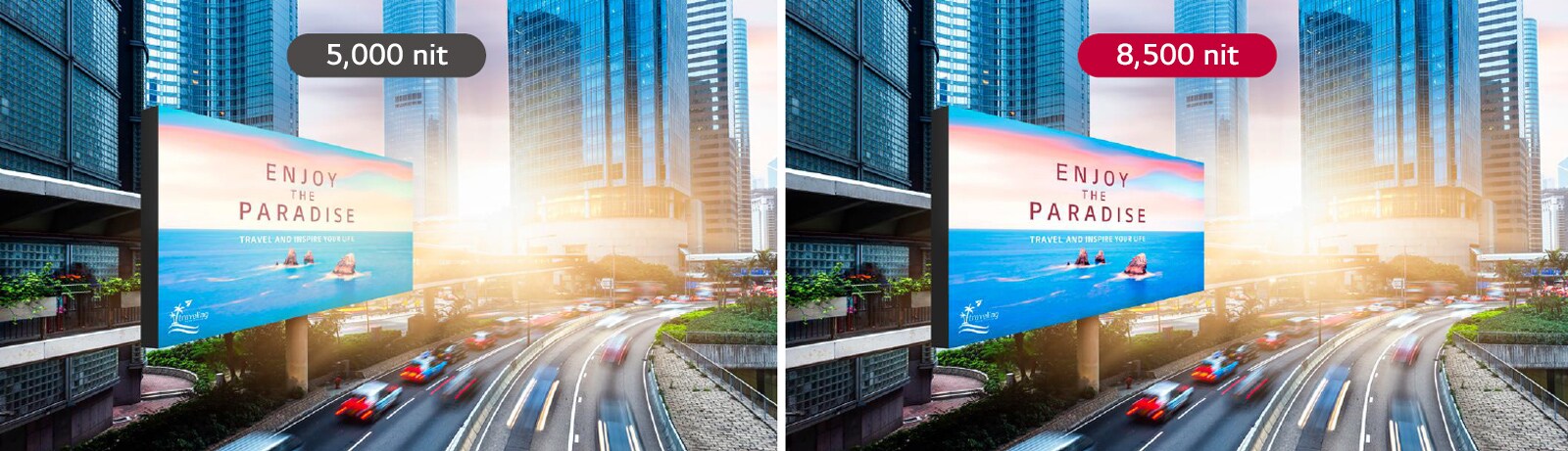 Bajo la fuerte luz del sol, la pantalla LED de 5000 nits se vuelve borrosa por la luz y no se puede ver con claridad, mientras que la pantalla LED de 8500 nits es claramente visible.