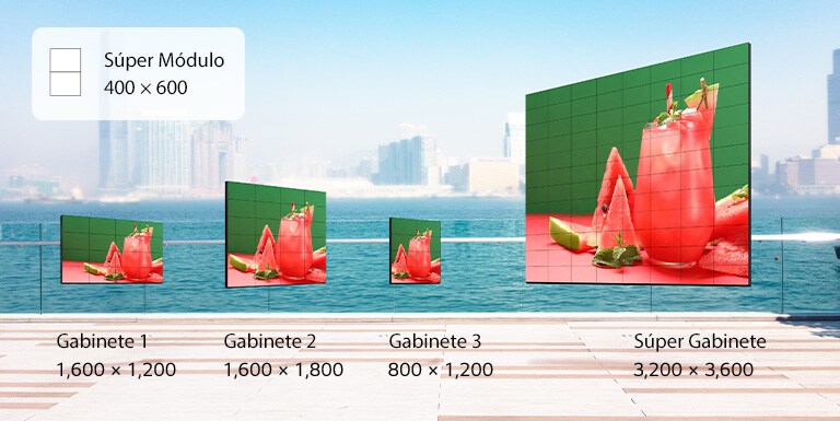 Muestra diferentes tamaños de LED, como 1600 por 1200, 1600 por 1800, 800 por 1200 y 3200 por 3600.