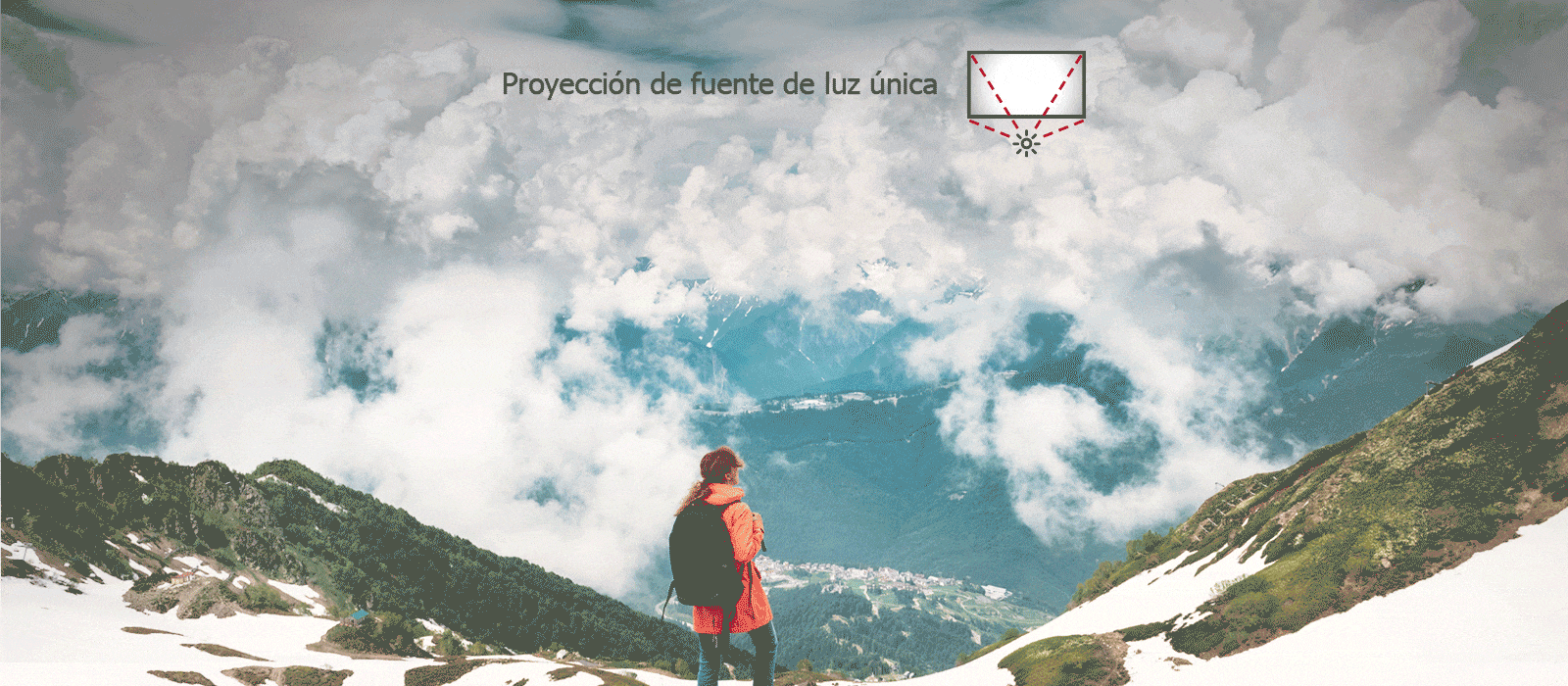 A person is standing on a snowy mountain. In this scene, the edges of the screen are darkened using Single Light Source Projection, while the Self-emissive LED Screen shows the color distinctly and clearly.