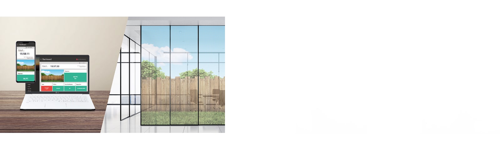 A través del Control Manager, gestiona la película transparente de la pared de la oficina con el teléfono móvil y la computadora portátil.