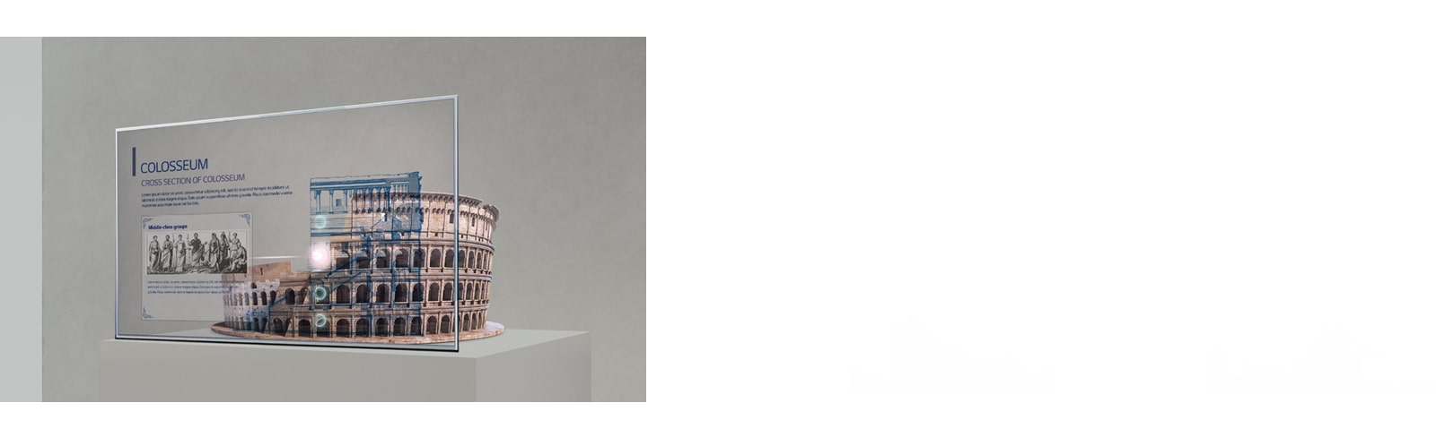 La información sobre el Coliseo se muestra en la pantalla OLED transparente instalada frente al modelo del Coliseo.