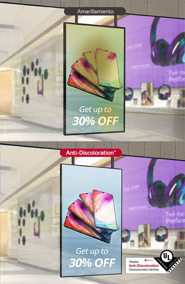 El lado izquierdo de la pantalla se vuelve amarillento, lo que degrada su calidad, pero con XS4P, que adquirió la verificación UL para funciones antidecoloración de pantalla, la pantalla es clara, salvaguardando la calidad de la pantalla.