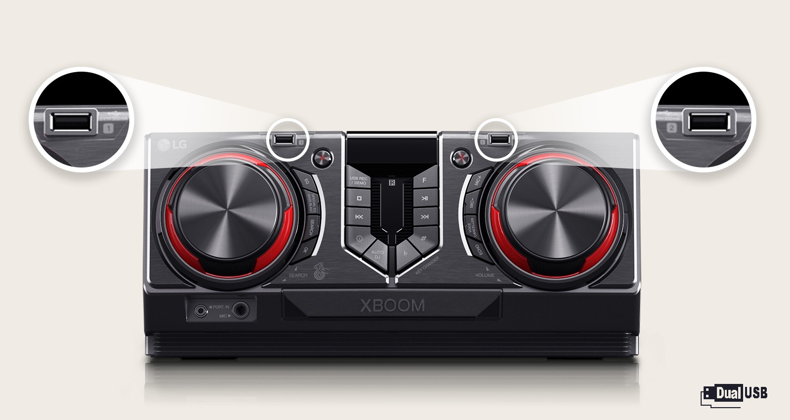 La imagen muestra una vista frontal del receptor. La parte superior del receptor presenta un primer plano de los puertos USB a la izquierda y a la derecha. En la esquina inferior derecha, se muestra el logotipo de USB dual.