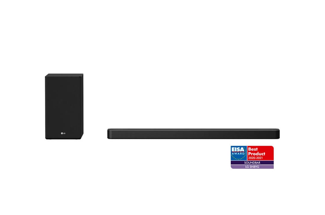 LG SN8YG Barra de sonido Hi-Res con Dolby Atmos con 3.1.2 canales de audio, 440W de potencia, Asistente de Google, Chromecast integrado, subwoofer inalámbrico, Wifi y Bluetooth con tecnología Meridian., vista frontal con altavoz de graves y altavoz trasero con salida superior, SN8YG