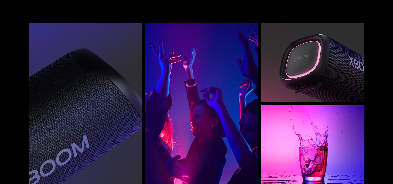 Desde la izquierda, vista de cerca del LG XBOOM Go XG5. A continuación, una imagen de personas disfrutando de la música. A la derecha, de arriba abajo: primer plano del altavoz con iluminación rosa y dos vasos de bebida.