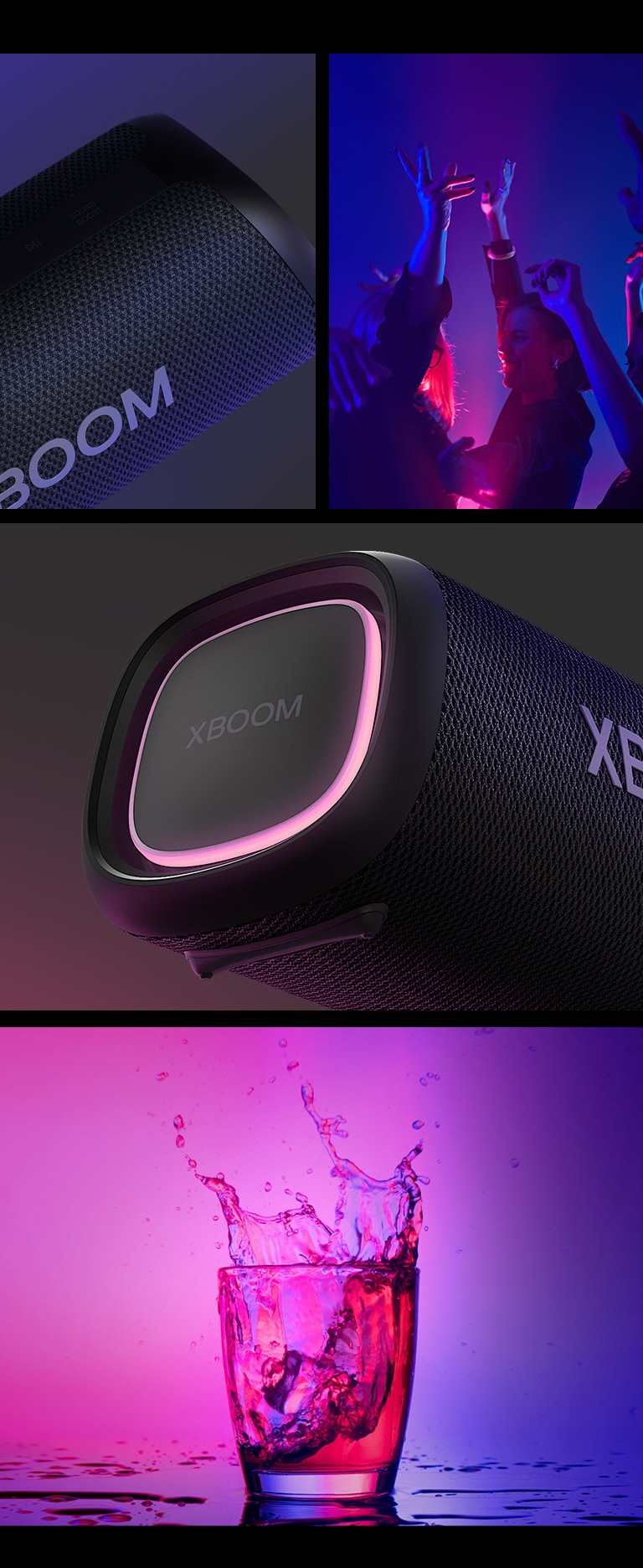 Desde la izquierda, vista de cerca del LG XBOOM Go XG5. A continuación, una imagen de personas disfrutando de la música. A la derecha, de arriba abajo: primer plano del altavoz con iluminación rosa y dos vasos de bebida.