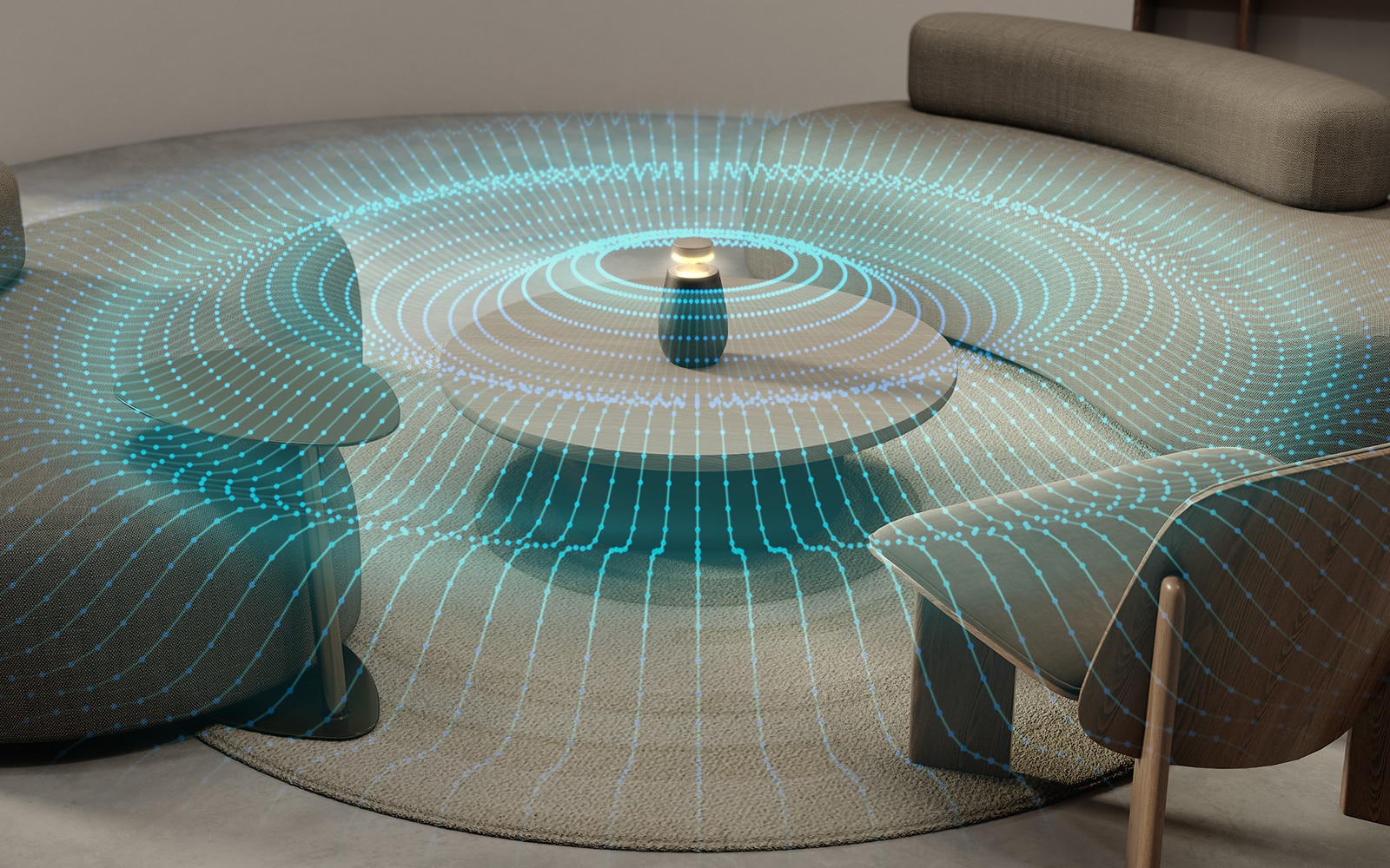 A soundwave image to show 360 omnidirectional sound of LG XBOOM 360 XO2T.