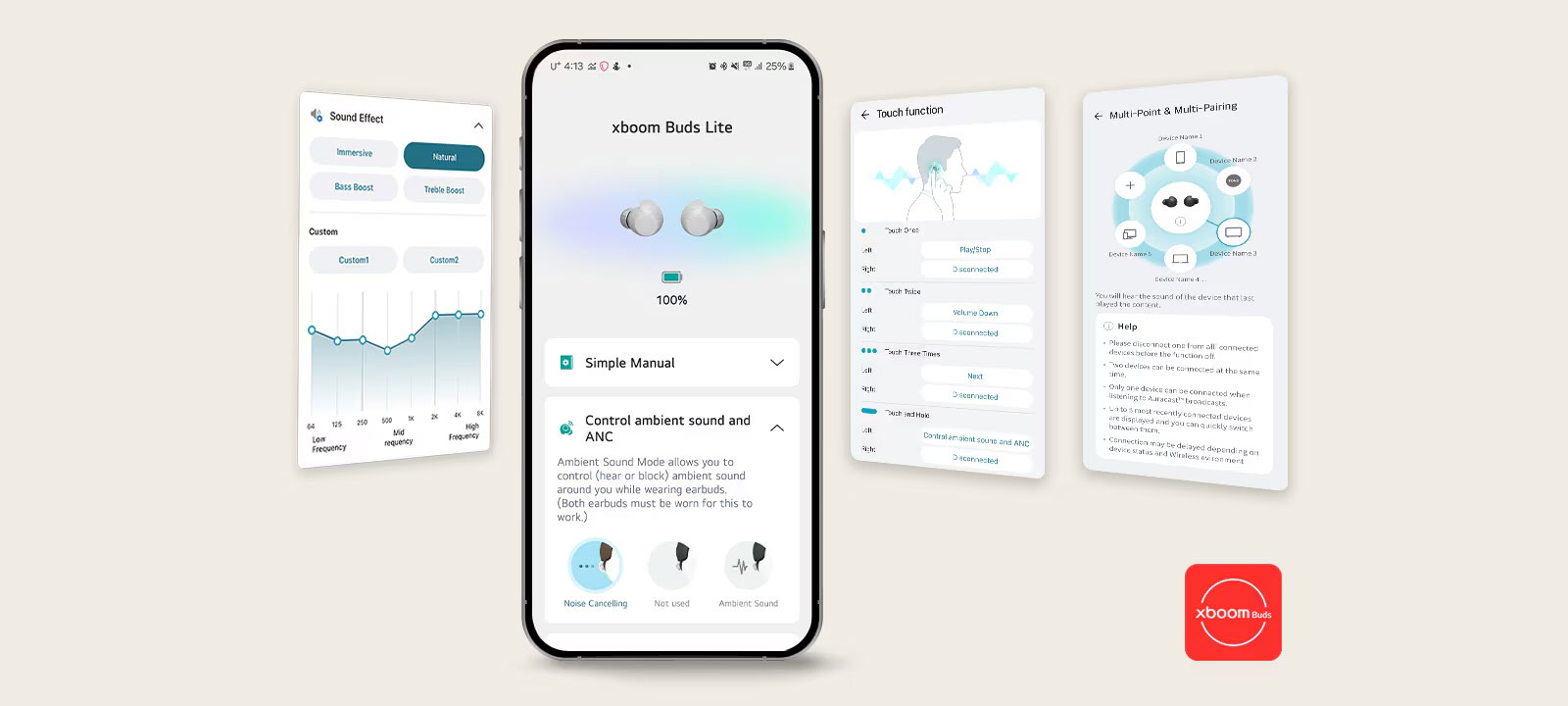 En un teléfono celular se muestra la pantalla principal de la app xboom Buds. A la izquierda se encuentra la imagen de la interfaz de usuario de la función de ajuste de efectos de sonido de la misma aplicación y, a la derecha, las imágenes de la interfaz de usuario de las funciones táctil y multipunto y multipareo.