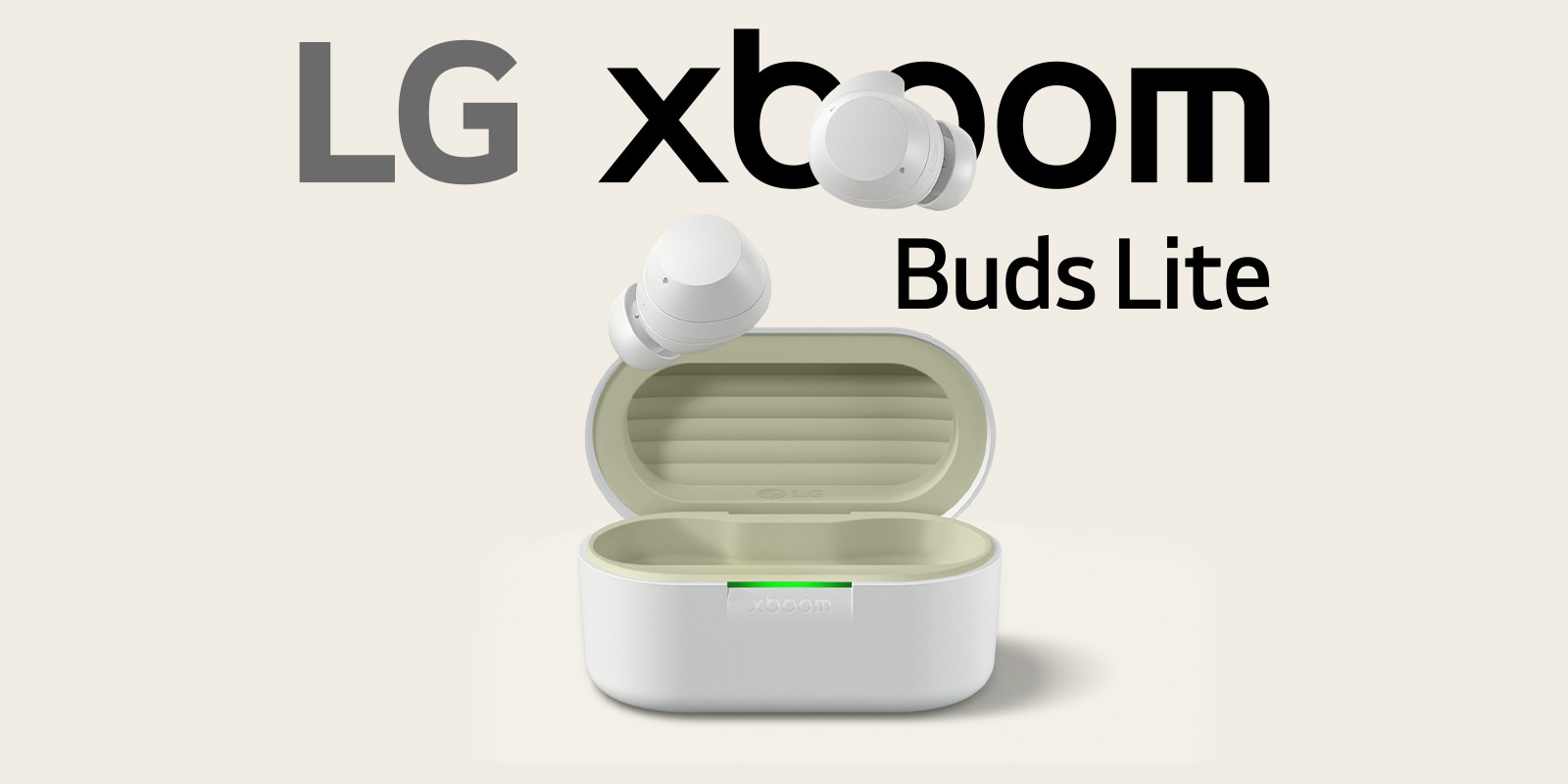 La base de los xboom buds se coloca completamente abierta con dos auriculares flotando encima.