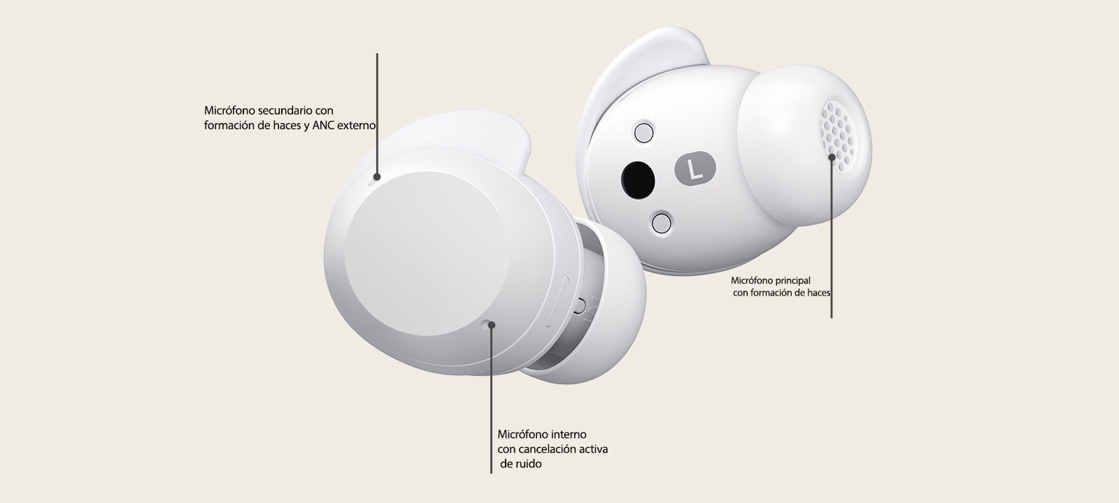 Un par de xboom Buds blancos para ilustrar los 3 micrófonos que tiene.