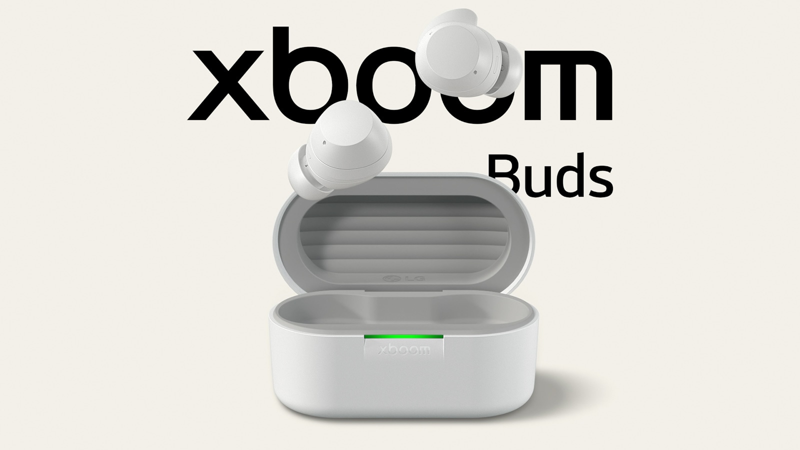 La base de los xboom buds se coloca completamente abierta con dos auriculares flotando encima.