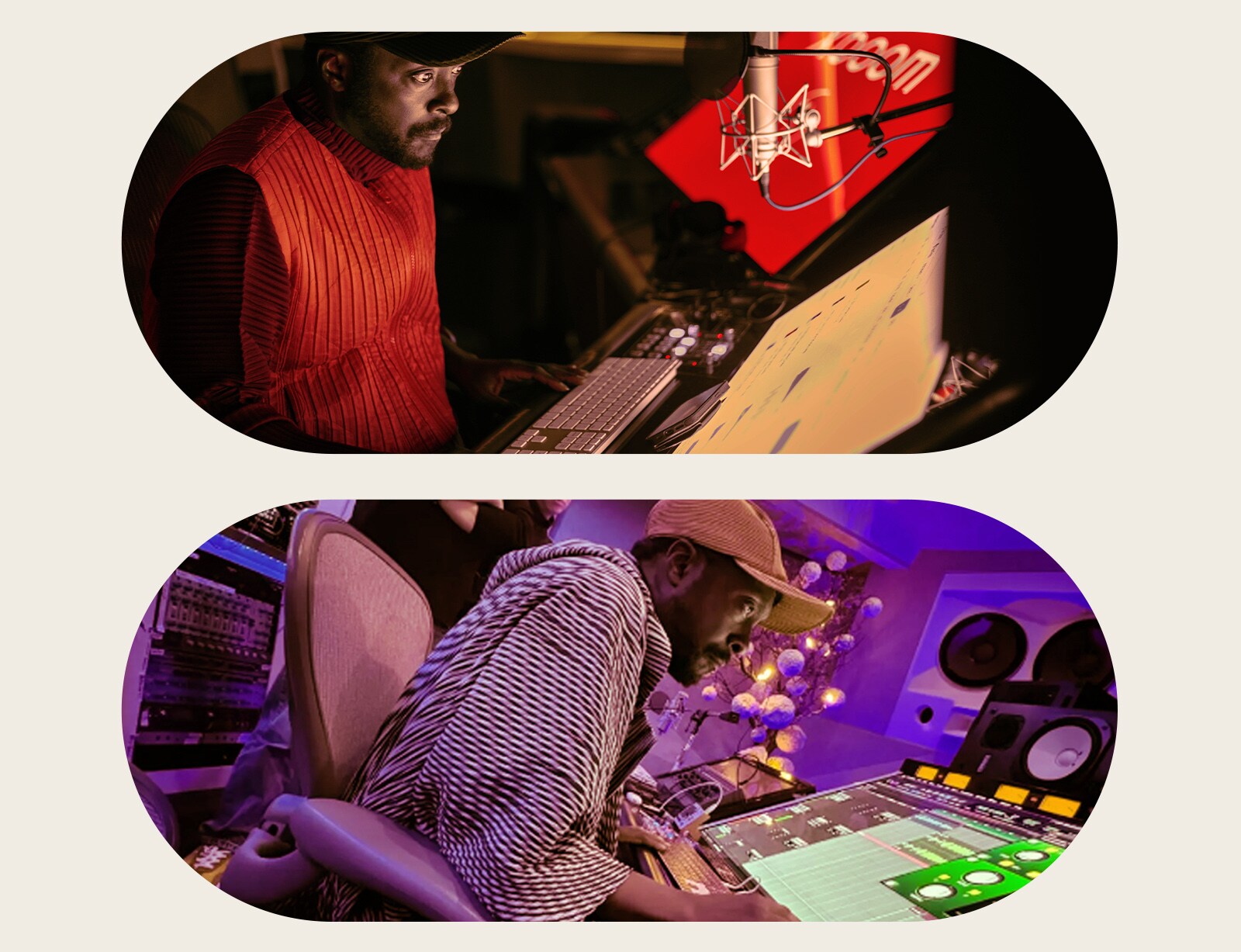 En la imagen superior, will.i.am está trabajando en un estudio de grabación con un chaleco rojo y mirando una pantalla que se encuentra frente a él. En la imagen inferior, will.i.am también está trabajando en un estudio mirando una pantalla con ventanas verdes.