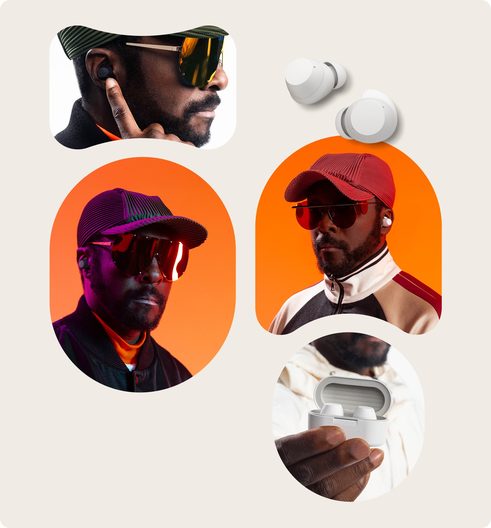 En la parte superior izquierda, la cara posterior de will.i.am permanece mirando hacia su lado izquierdo, con gafas de sol y apuntando los auriculares a su oreja con su dedo índice. En la parte superior derecha, se mantienen las imágenes de dos auriculares blancos. En el medio a la izquierda, se coloca la imagen del retrato de will.i.am mirando hacia el frente, con auriculares, gorra y gafas de sol. En el medio a la derecha, se mantiene otra imagen de retrato de will.i.am, también con auriculares, gorra y gafas de sol. Debajo, la base de los xboom Buds con los auriculares dentro permanece en la mano de will.i.am.