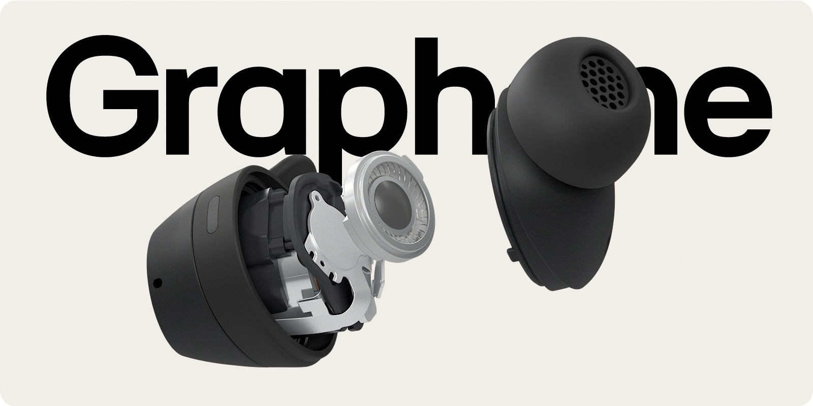 Un video que muestra una unidad de auriculares xboom de color negro que se desmonta y resalta la unidad de sonido de grafeno colocada en el interior.