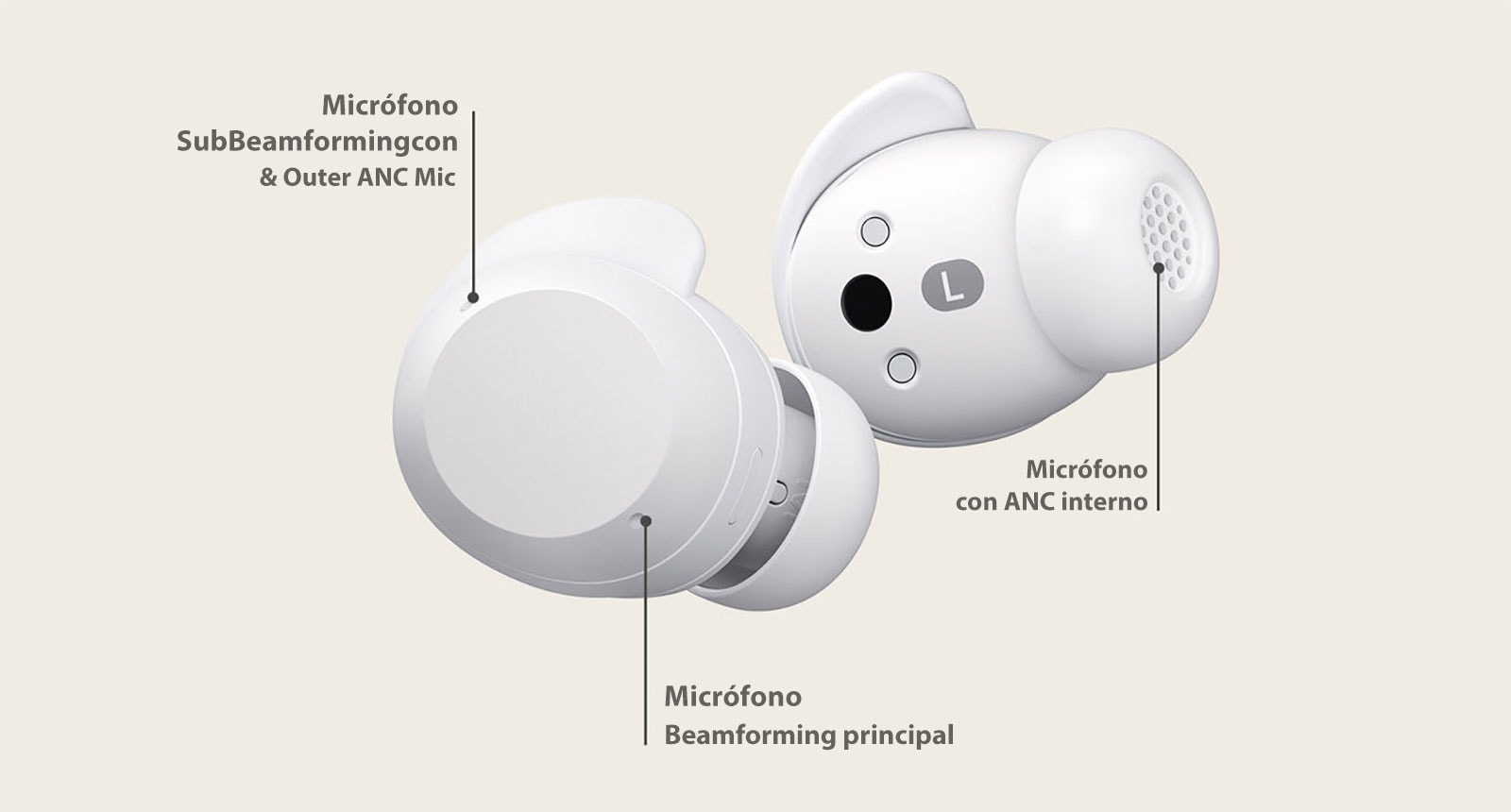 Un par de xboom Buds blancos para ilustrar los 3 micrófonos que tiene.