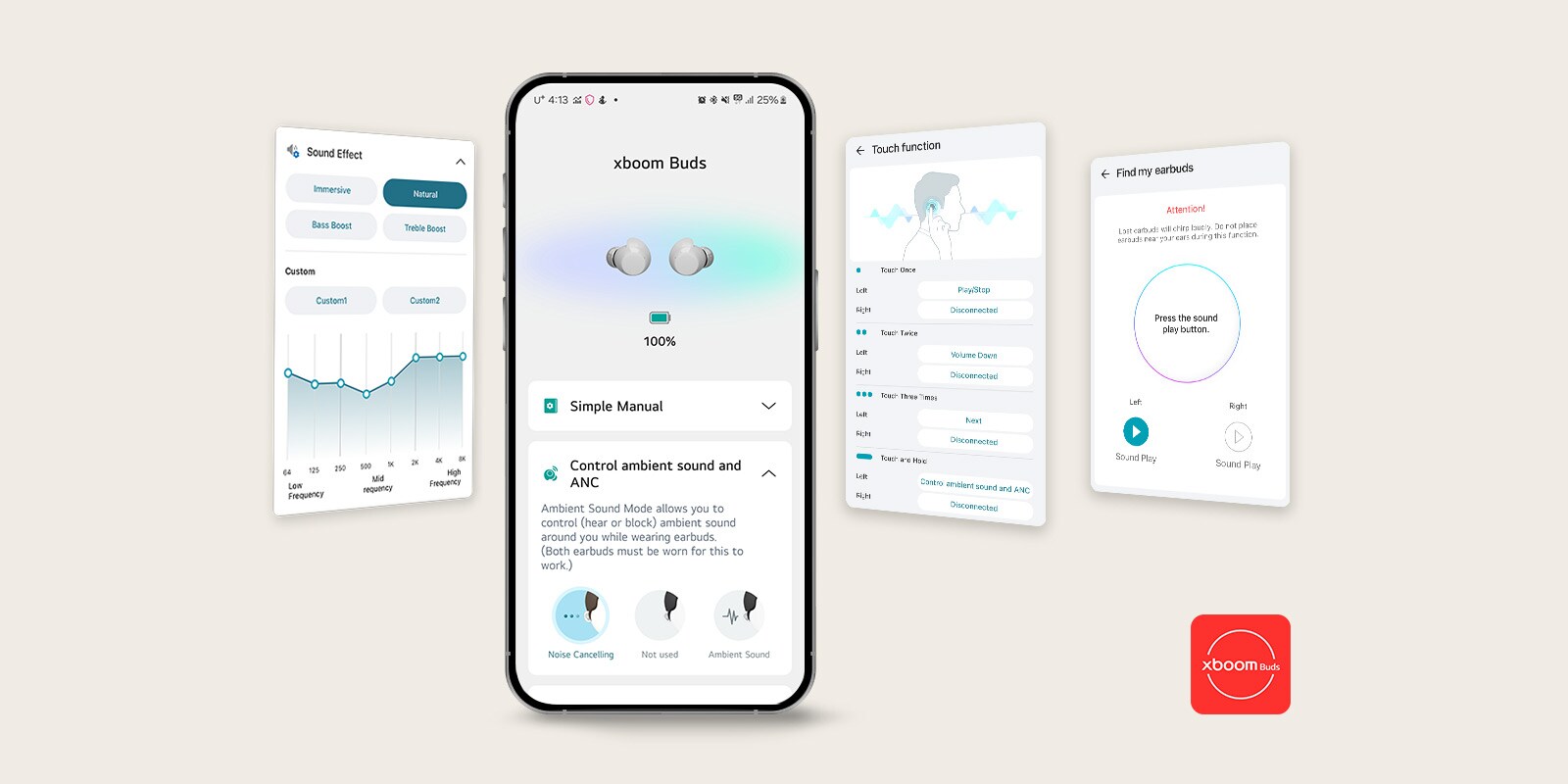 En un teléfono celular, la pantalla principal de la aplicación Xboom Buds permanece. A la izquierda, se encuentra la imagen de la interfaz de usuario de la función de ajuste de efectos de sonido de la misma aplicación y, a la derecha, se encuentran las imágenes de la interfaz de usuario de la función táctil y de la función Buscar mis auriculares.