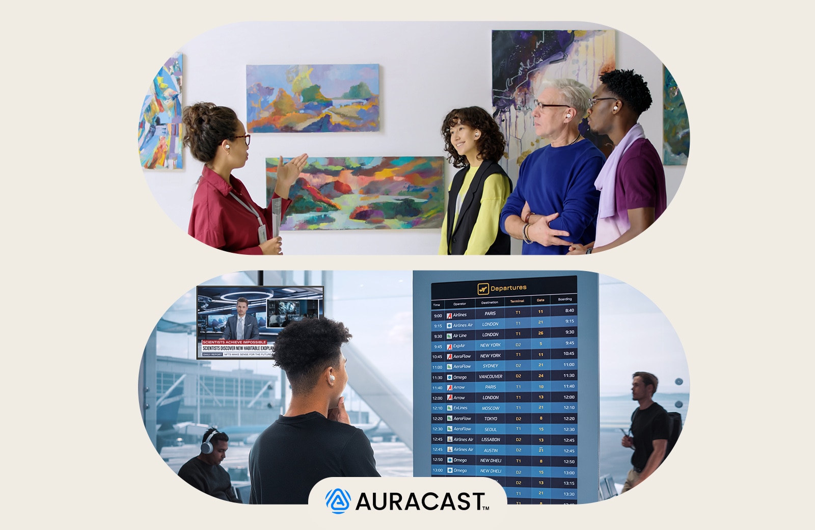 En la imagen de arriba, un guía está dando una visita guiada a tres personas y todas ellas llevan auriculares xboom. En la imagen de abajo, en el aeropuerto, hay una pantalla con información sobre vuelos y un hombre está escuchando la información con auriculares xboom.