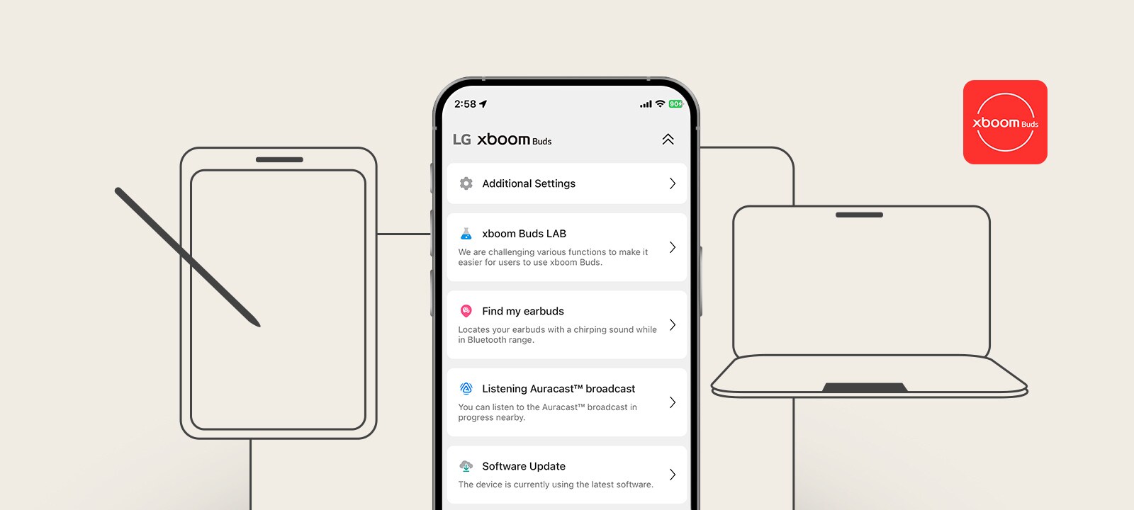 Desde el lado superior izquierdo, se muestran la base de los xboom Buds abierta con los auriculares, la parte superior izquierda de los xboom Bounces, la parte inferior derecha de los xboom Stage 301 y el lateral de los xboom Grab. Cada uno de ellos apenas se ve, como si estuvieran ubicados en la oscuridad con poca luz de colores entrando.