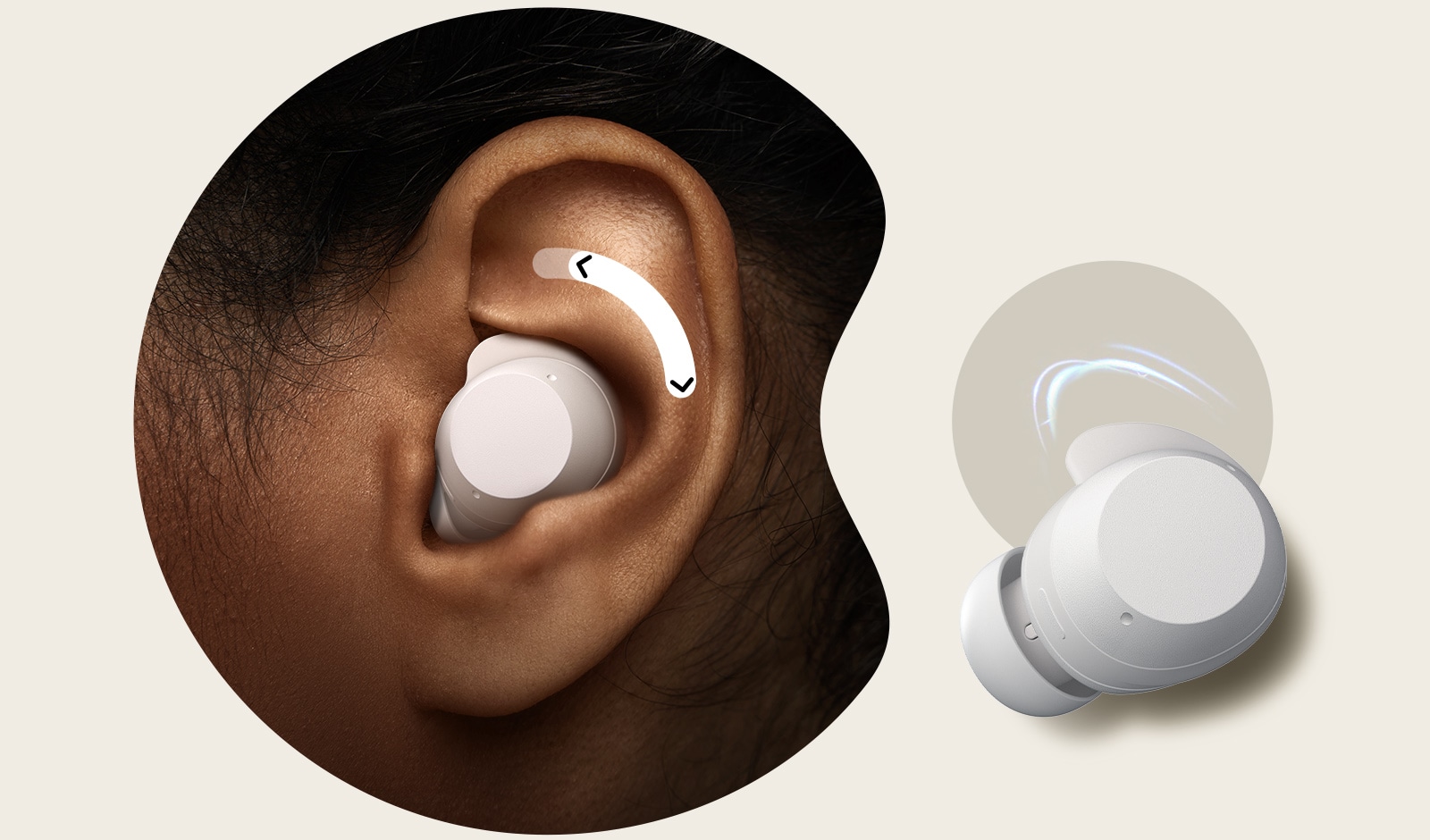 La oreja izquierda de una persona con un auricular Xboom Buds blanco en su interior. Sobre el auricular hay una flecha bidireccional.