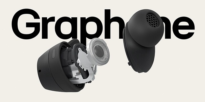 Un video que muestra una unidad de auriculares xboom de color negro que se desmonta y resalta la unidad de sonido de grafeno colocada en el interior.