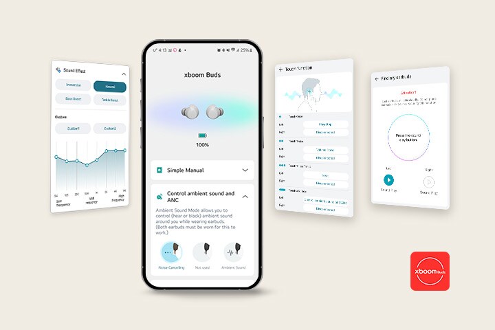 En un teléfono celular, la pantalla principal de la aplicación Xboom Buds permanece. A la izquierda, se encuentra la imagen de la interfaz de usuario de la función de ajuste de efectos de sonido de la misma aplicación y, a la derecha, se encuentran las imágenes de la interfaz de usuario de la función táctil y de la función Buscar mis auriculares.