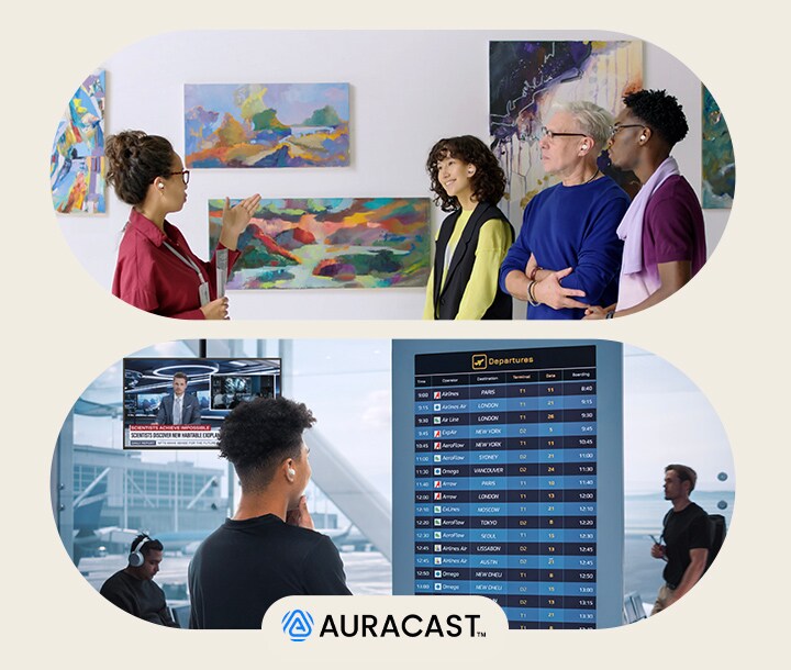 En la imagen de arriba, un guía está dando una visita guiada a tres personas y todas ellas llevan auriculares xboom. En la imagen de abajo, en el aeropuerto, hay una pantalla con información sobre vuelos y un hombre está escuchando la información con auriculares xboom.