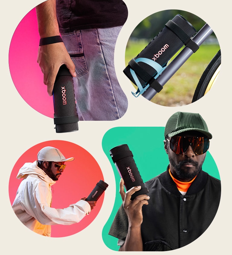 En el lado superior izquierdo, xboom Grab se sostiene con su correa en la muñeca de alguien. En el lado superior derecho, xboom Grab se coloca en el portabotellas de una bicicleta. En la parte inferior izquierda, will.i.am con un atuendo blanco sostiene xboom Grab con su mano derecha. En la parte inferior derecha, will.i.am con un atuendo negro sostiene xboom Grab con su mano derecha.