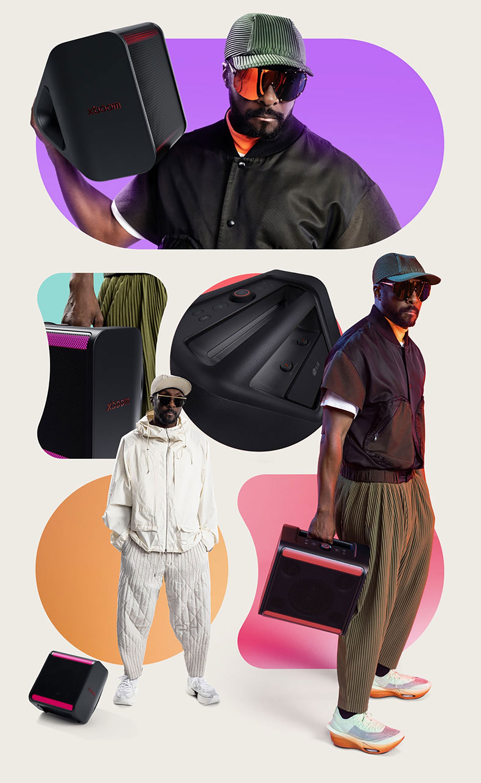 En la parte superior, will.i.am, con un traje negro, sostiene el xboom Stage 301 sobre su hombro. En el medio, la imagen parcial del xboom Stage 301 sostenida por una mano permanece a la izquierda, mientras que la imagen en primer plano del asa permanece a la derecha. En la parte inferior izquierda, will.i.am, con un traje blanco, está de pie junto al xboom Stage 301 en el suelo. En la parte inferior derecha, will.i.am sostiene el xboom Stage 301 con su mano derecha.