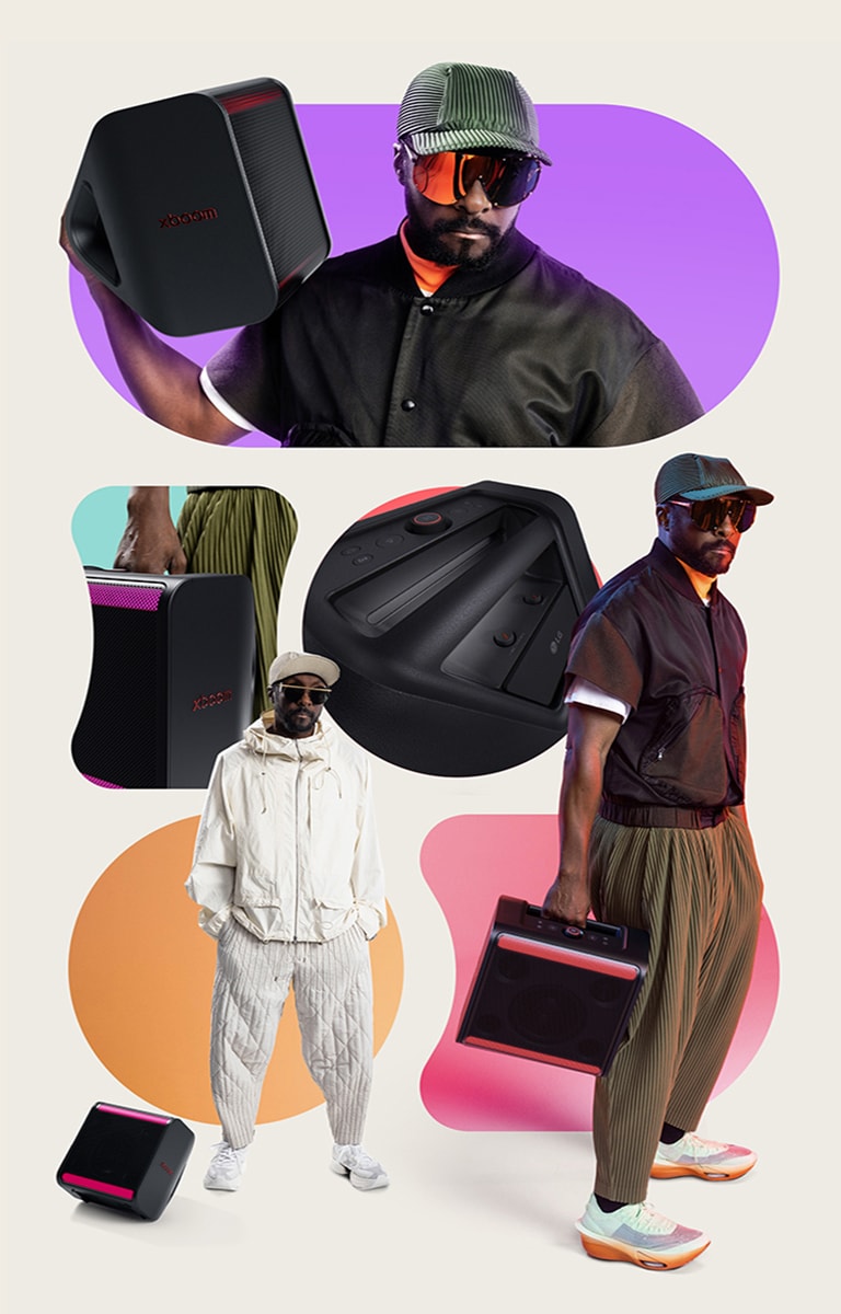 En la parte superior, will.i.am, con un traje negro, sostiene el xboom Stage 301 sobre su hombro. En el medio, la imagen parcial del xboom Stage 301 sostenida por una mano permanece a la izquierda, mientras que la imagen en primer plano del asa permanece a la derecha. En la parte inferior izquierda, will.i.am, con un traje blanco, está de pie junto al xboom Stage 301 en el suelo. En la parte inferior derecha, will.i.am sostiene el xboom Stage 301 con su mano derecha.