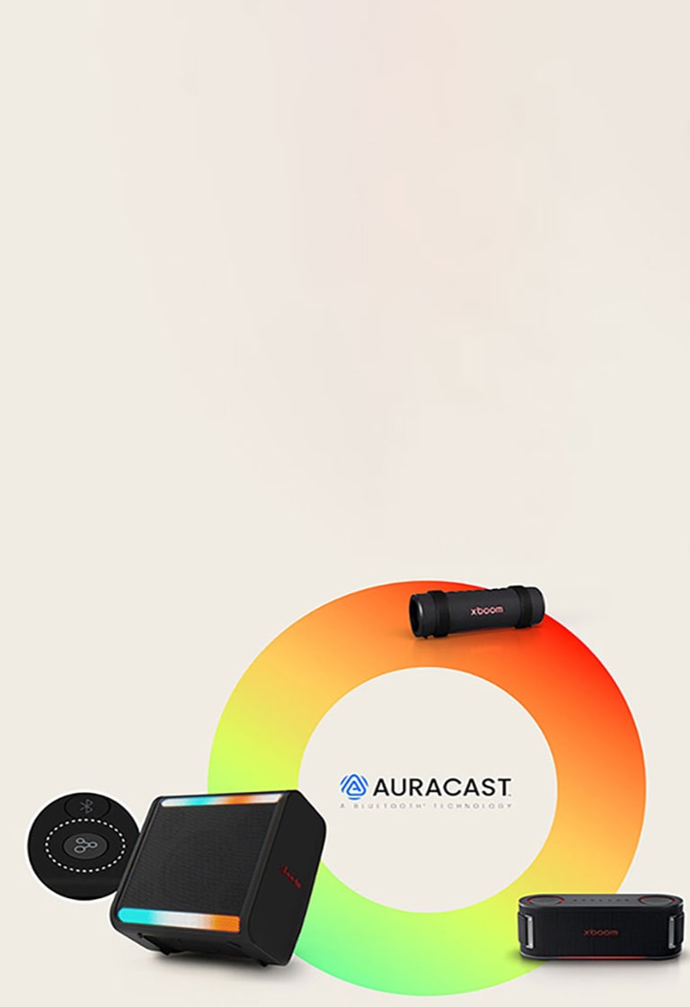 En un círculo con los colores del arcoíris, xboom Grab, Bounce y Stage 301 están colocados en el sentido de las agujas del reloj. Junto a xboom Stage 301, la imagen de su botón Auracast está colocada en un círculo.