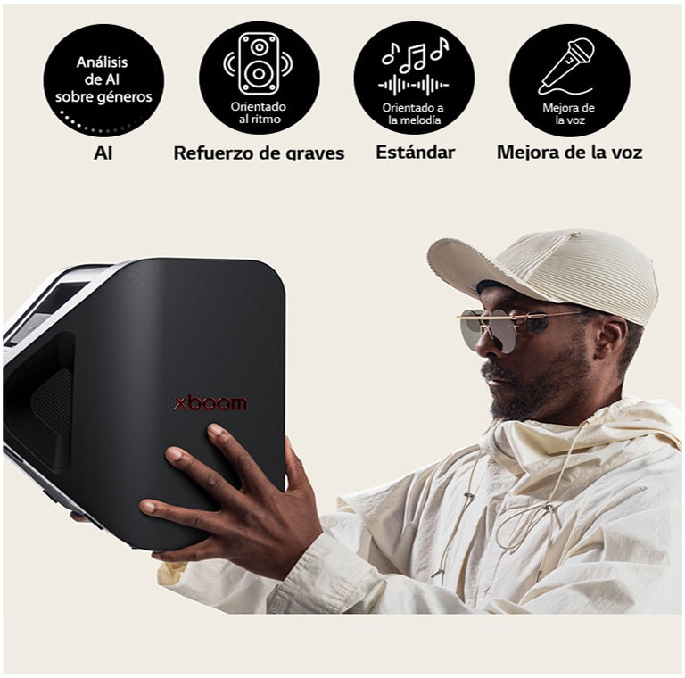 will.i.am con traje blanco y gorra blanca sostiene el xboom Stage 301 con ambos brazos en la cara.