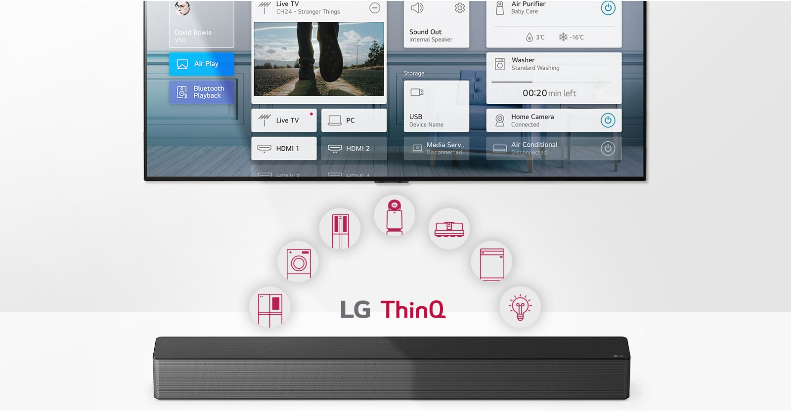 TV en la pared. Barra de sonido debajo de TV. Logo LG ThinQ y los íconos de electrodomésticos entre TV y barra de sonido.