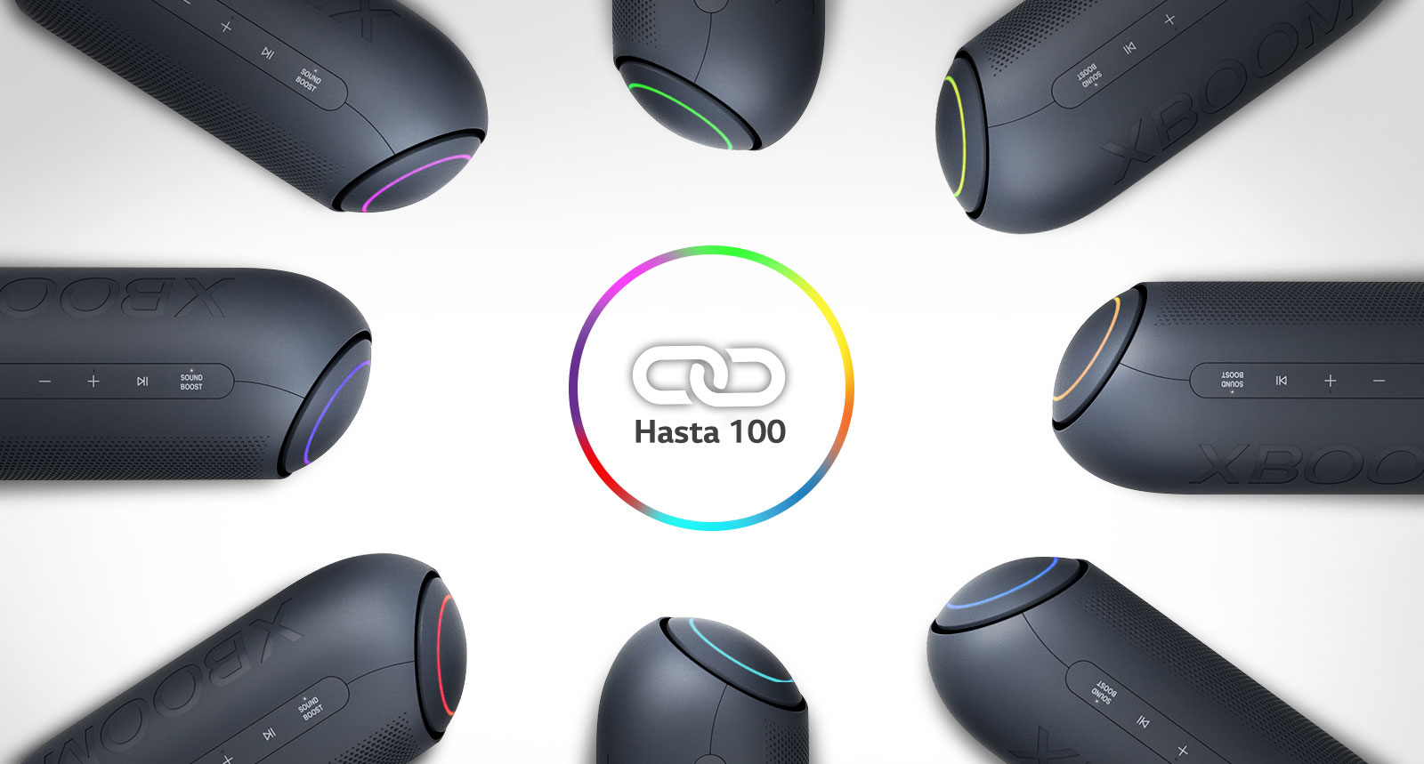Sobre un fondo blanco, ocho LG XBOOM Go con varias luces se colocan en un círculo alrededor de un icono de enlace.