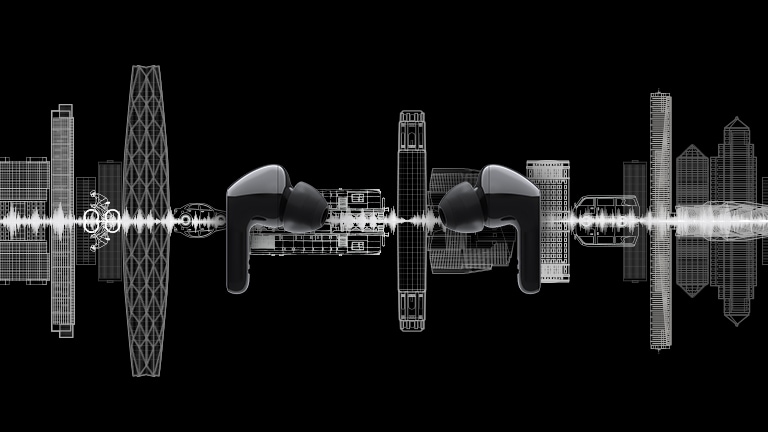 Una imagen de dos auriculares uno frente al otro y una silueta de un paisaje de ciudad se ilustra en el fondo