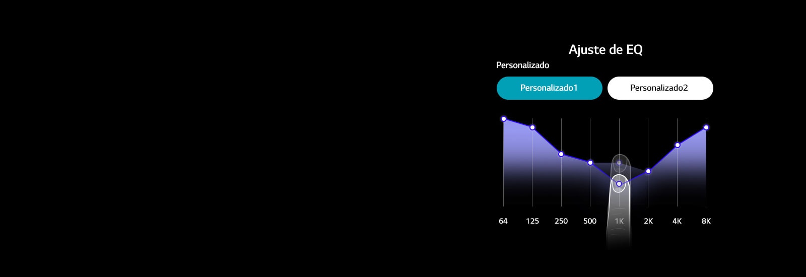 Una ilustración de la pantalla de ajuste de EQ en la aplicación TONE Free, mostrando un dedo moviendo el gráfico de línea de frecuencia de sonido hacia arriba y hacia abajo