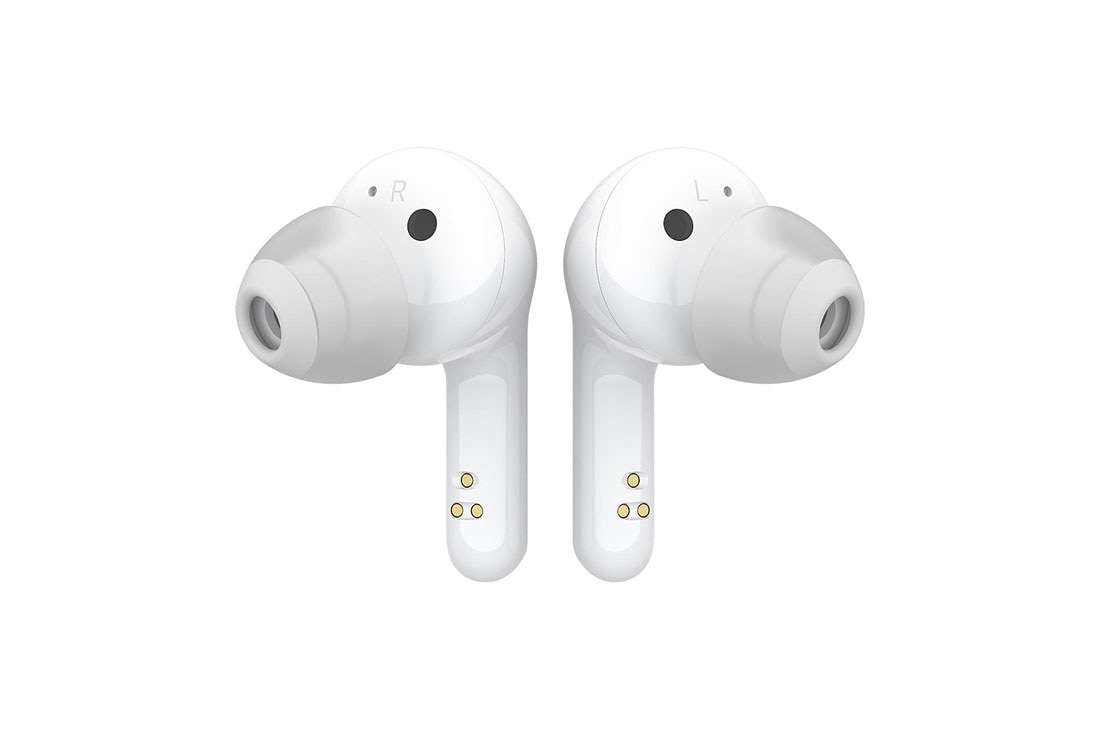 LG Audífonos Inalámbricos LG TONE Free HBS-FN6 color blanco con Estuche de Carga UVNano y Sonido Meridian, Una vista frontal de los vástagos de dos auriculares alineados uno al lado del otro, HBS-FN6, thumbnail 6
