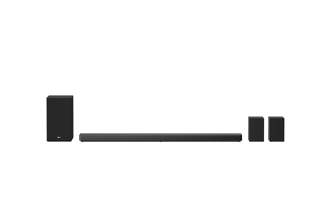 LG SN11RG Barra de Sonido de 7.1.4 Canales de Audio de Alta Resolución con Dolby Atmos®, 770W de potencia, Bocinas con Sonido Envolvente y Asistente de Google integrado., vista frontal con altavoz de graves y altavoz trasero con salida superior, SN11RG
