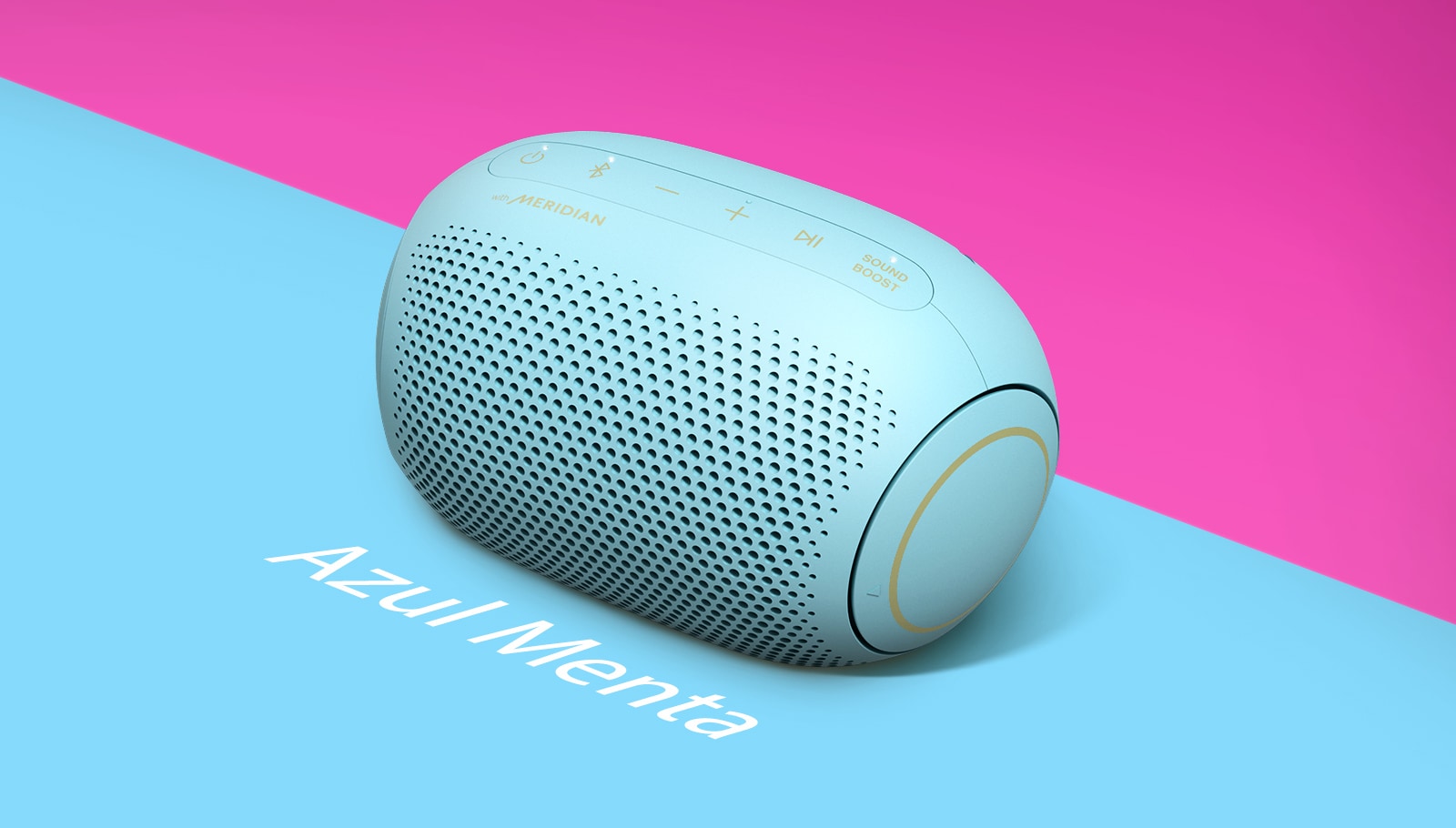 Una gomita color menta polar en forma de LG XBOOM Go PLB2B puesto sobre un fondo azul y naranja.